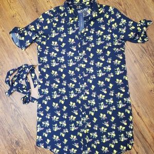 Lemon Dress L Adrienne Vittadini Shirt Dress Belt Navy Lemon print nwt cool cute